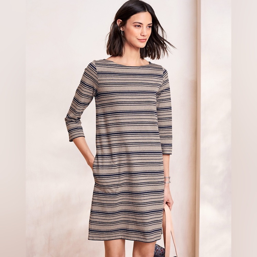 Garnet Hill Long Sleeve Shirt Dress 100% Cotton Stripes Striped Boat Crew Neck
